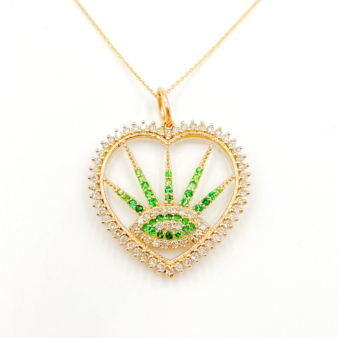 14K Solid Gold Evil Eye Heart Pendant