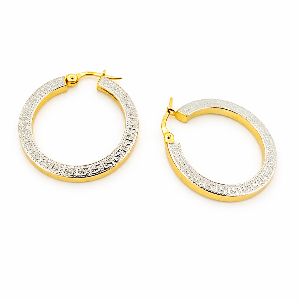 GER40. 14K Yellow and White Gold Earrings Round Shape Hoop with Texture