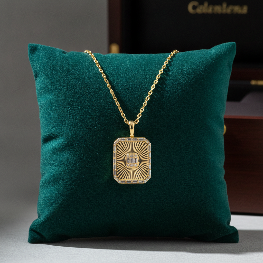PFE33148. 14K Solid Gold Diamond Rectangle Necklace