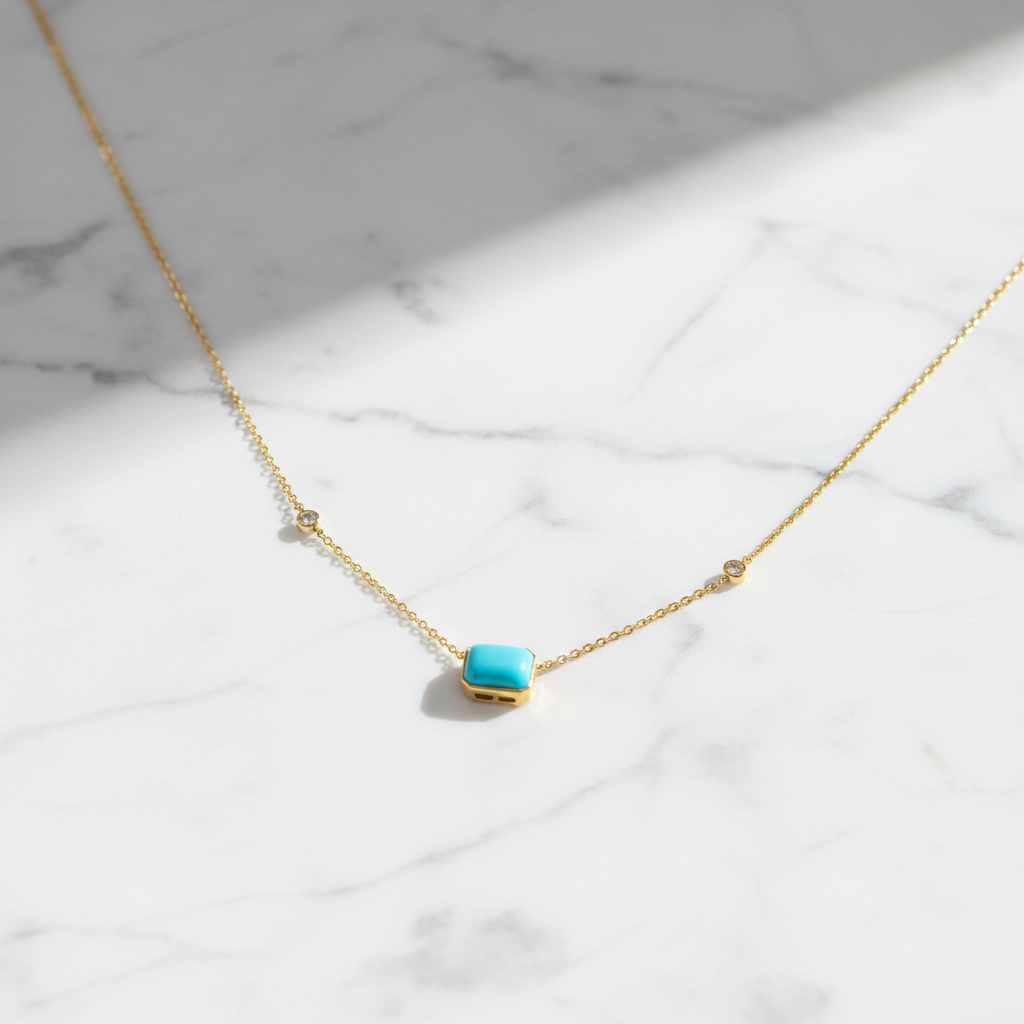 NT407401. 14K Solid Gold Rectangular Turquoise Fancy Tiny Necklace
