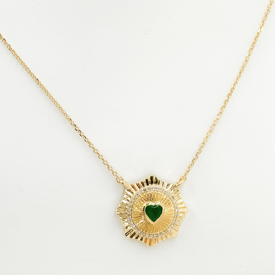 14k Solid Gold Emerald Heart and Diamond Necklace. CN96235EM