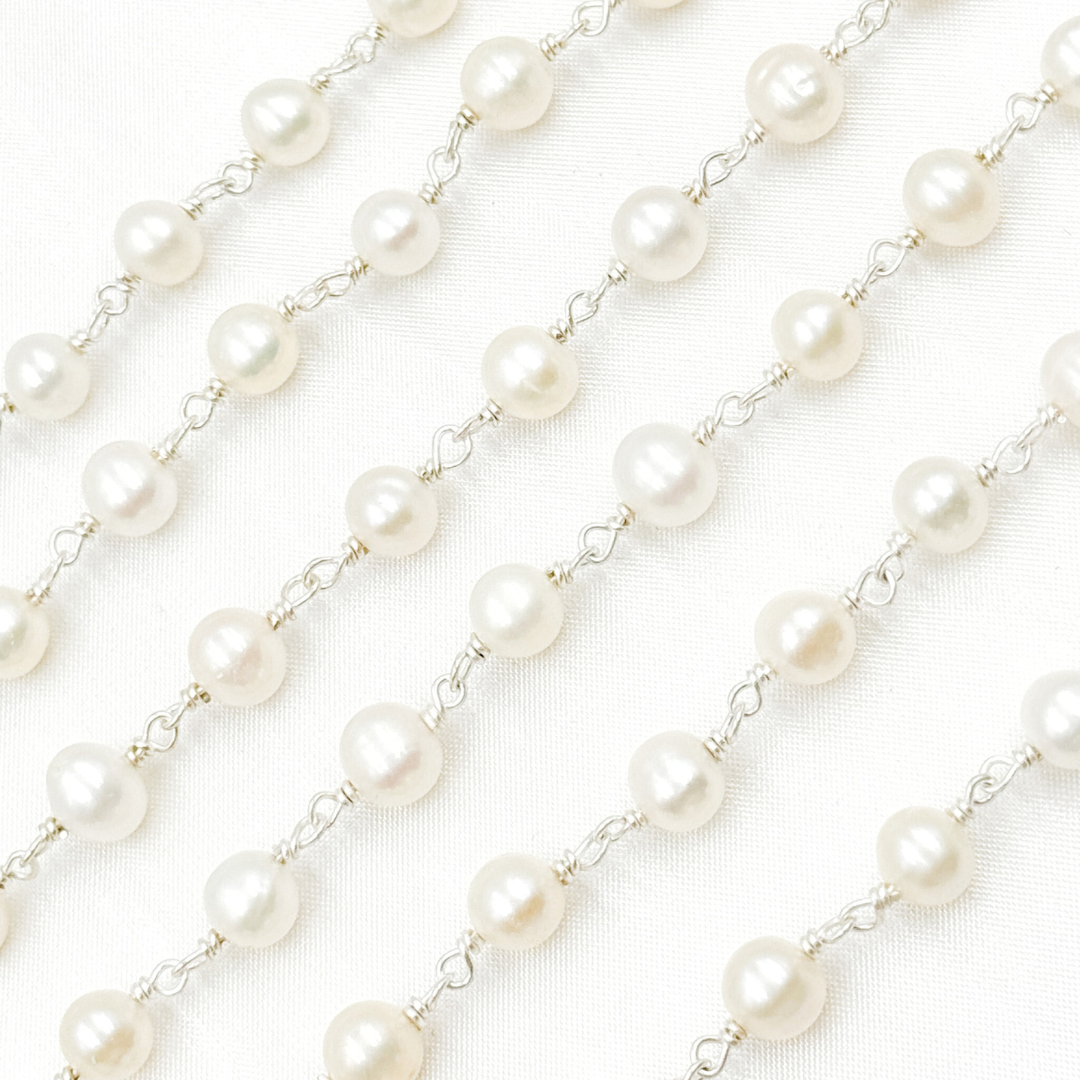 PRL57. White Pearl Round 925 Sterling Silver Wire Chain