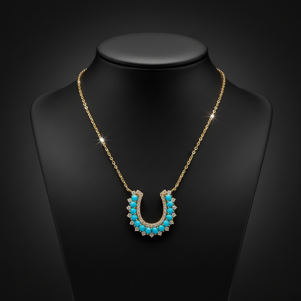NFE72951TQ. 18K Solid Gold Turquoise Horseshoe Necklace