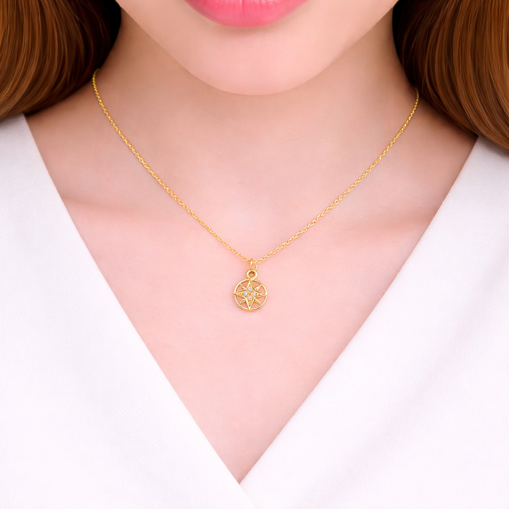 GDP260. 14K Solid Gold Diamonds Circle Star Charm