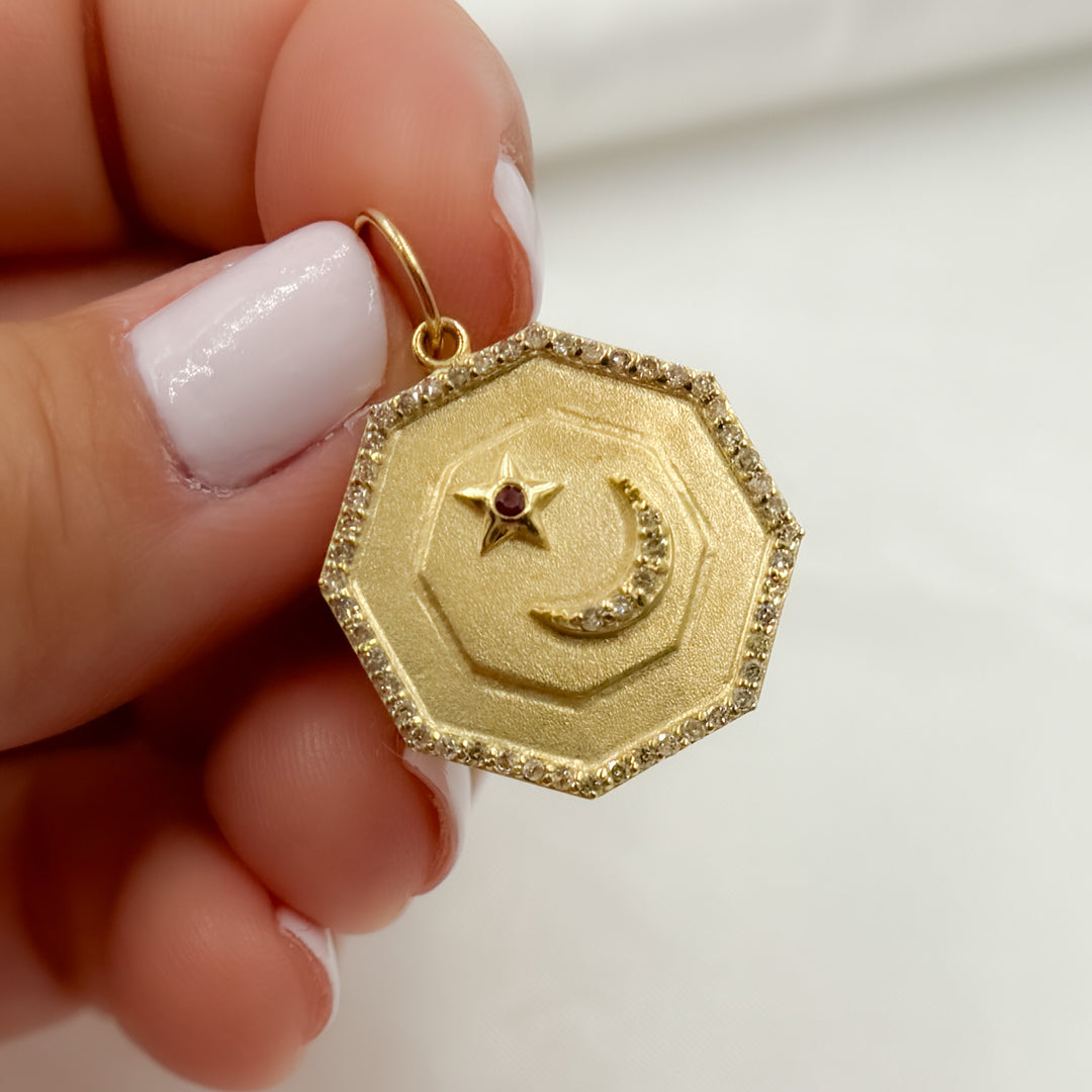 14K Solid Gold Diamond and Gemstone Octagon Charm with Moon and Star in the Center. GDP555