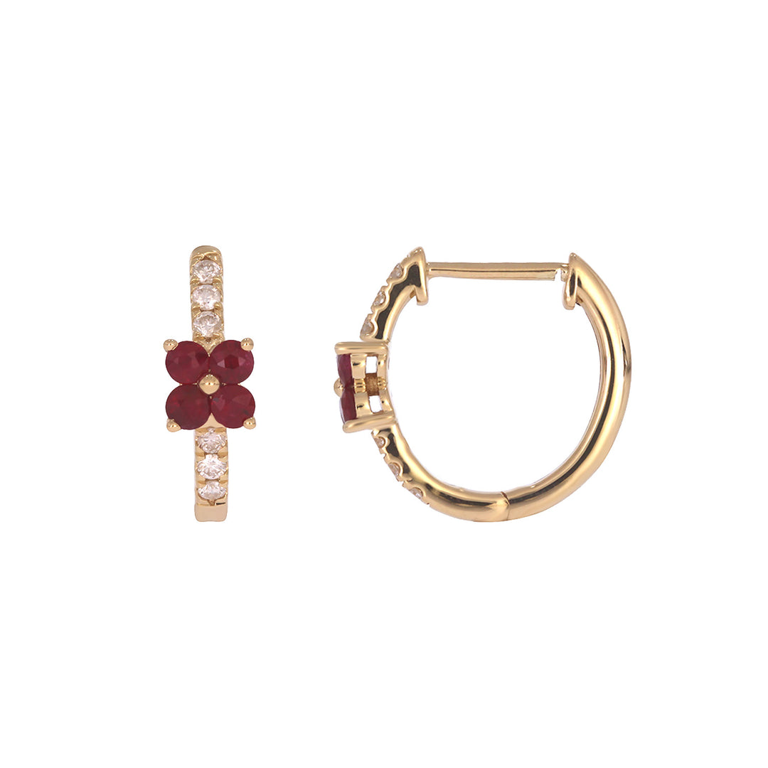 EHC57662. 14K Solid Gold Floral Diamond & Gemstone Hoop Earrings