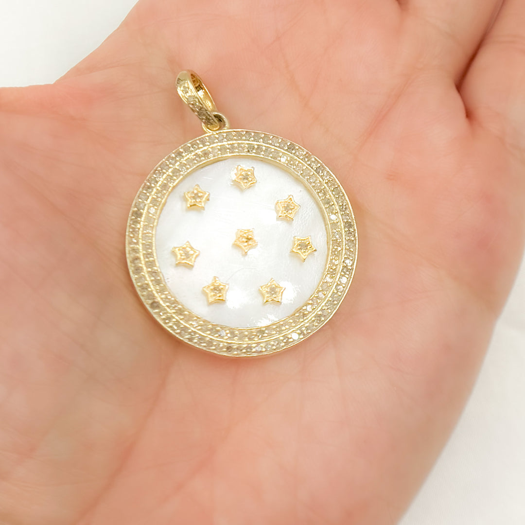 DP864. Diamond Sterling Silver and Mother of Pearl Round Stars Pendant