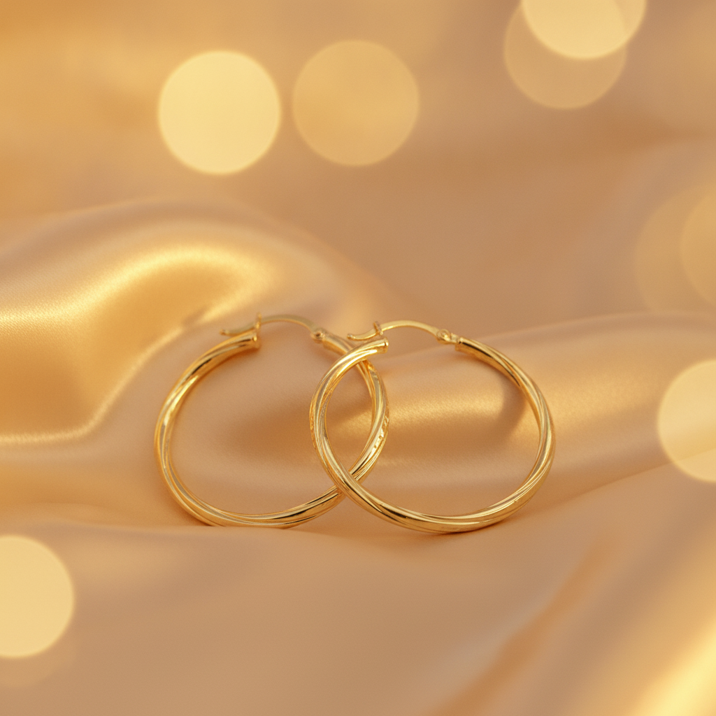 GER173. 14K Gold Hollow Hoop Earrings with Engraved Tornado Design
