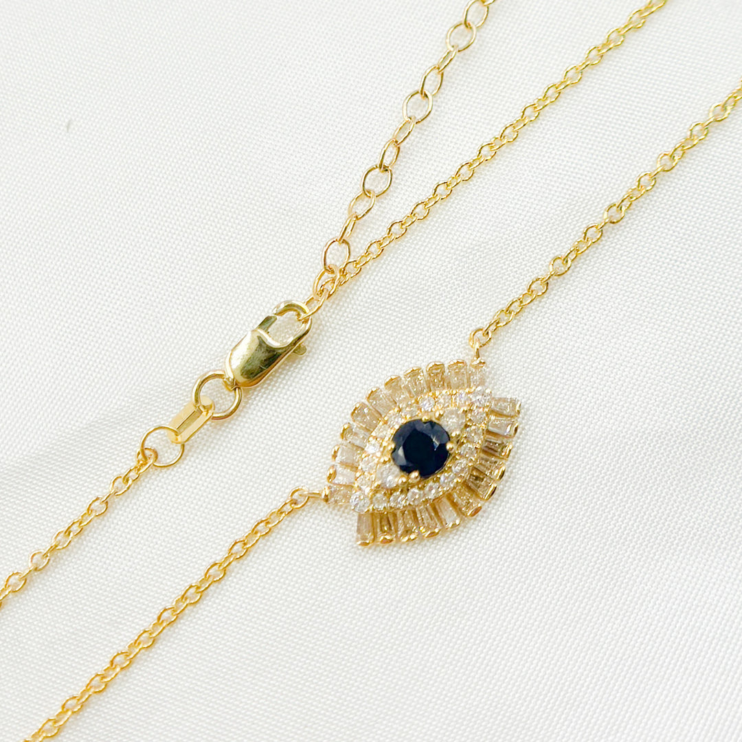 14k Solid Gold Blue Sapphire and Diamond Eye Necklace. NFH71188BS