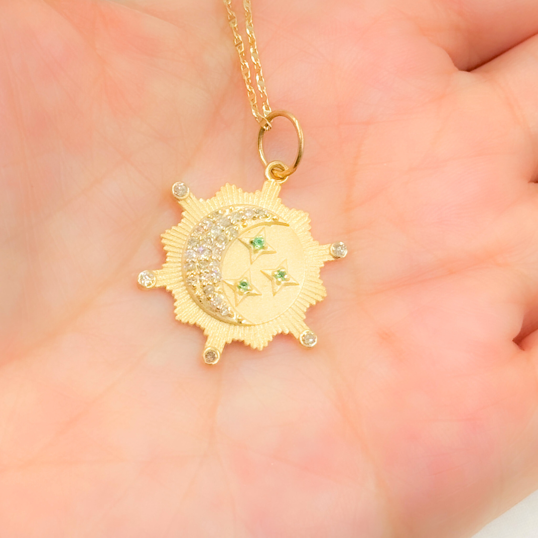 14K Solid Gold Moon and Stars Charm with Diamond and Gemstones. GDP643