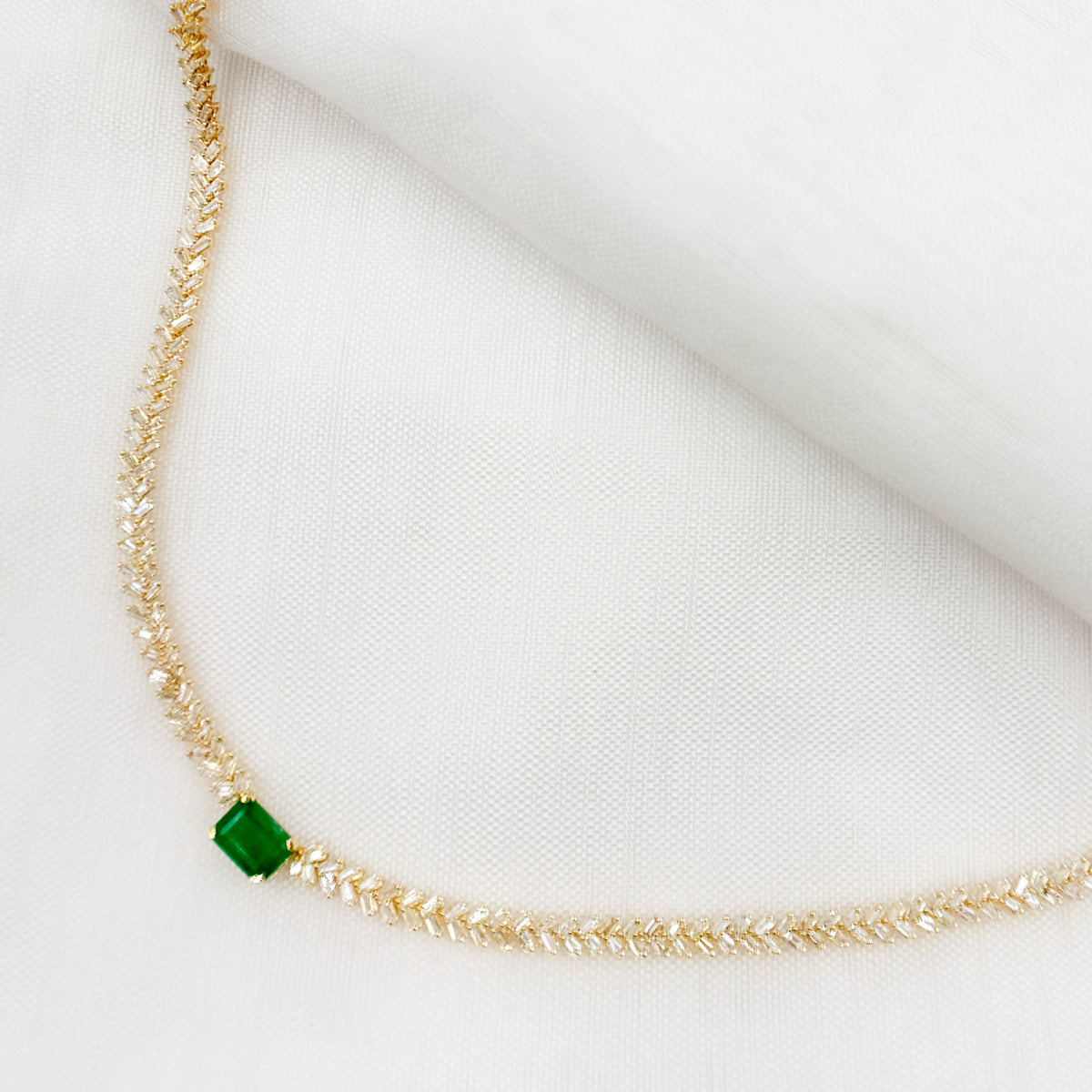 14K Solid Gold Baguette Diamond and Solitaire Emerald Necklace