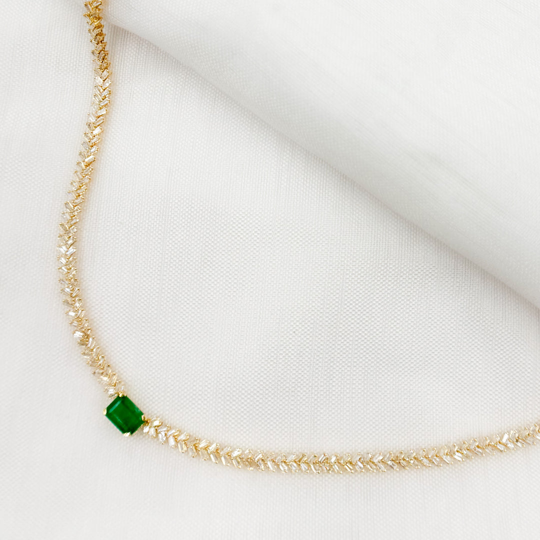 NK402201. 14K Solid Gold Baguette Diamond and Solitaire Emerald Necklace