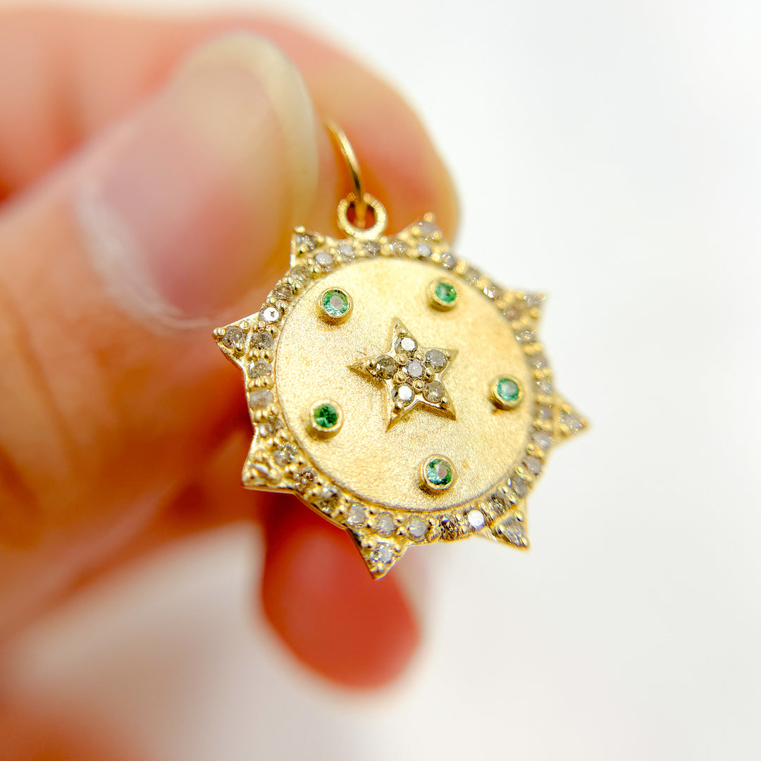 14K Solid Gold Diamond Sun Shape Charm with Star in the Center in Gemstones. GDP547