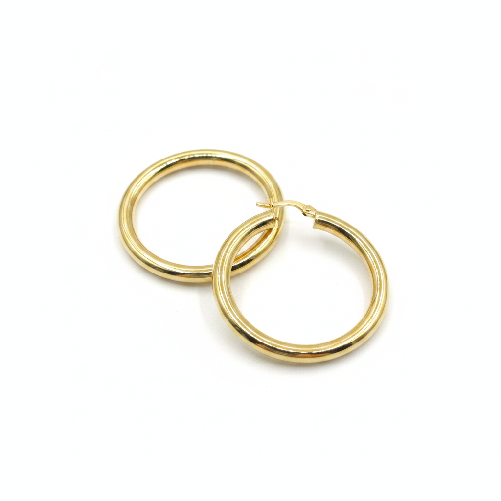 GER163. 14K Solid Gold Hollow Smooth Hoop