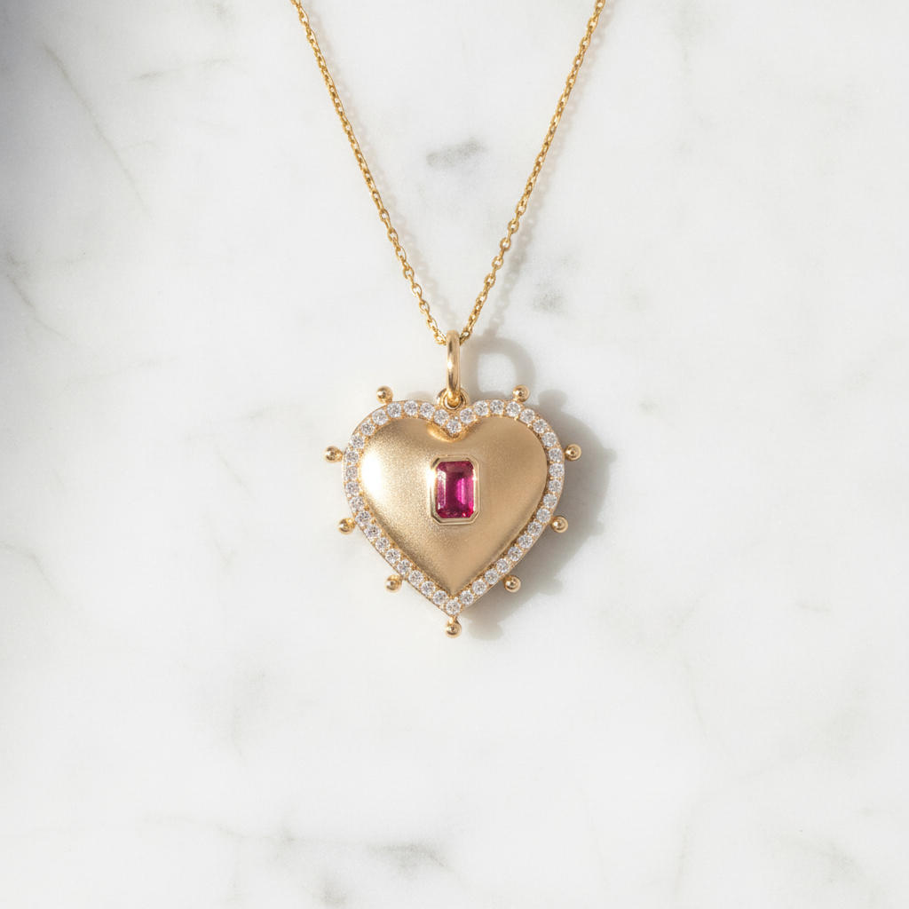 PHE38942RU. 14k Solid Gold Ruby and Diamond Heart Charm