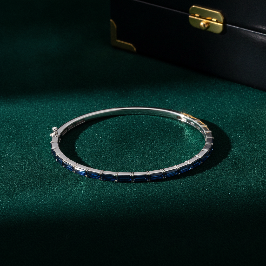 BNZ68665. 14K Solid White Gold Bangle with Blue Sapphire Baguette Stones