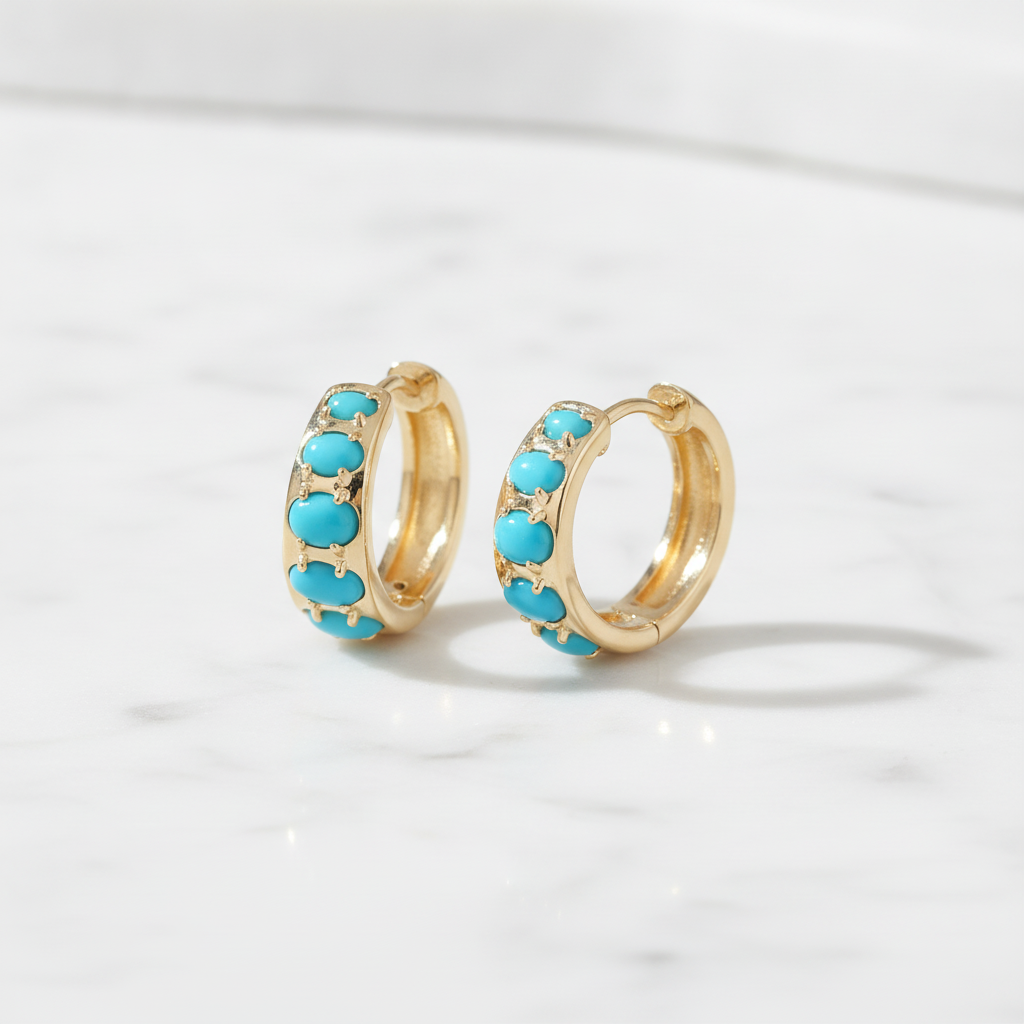 EHZ57740TQ. 14K Solid Gold Turquoise Huggies Hoop Earrings