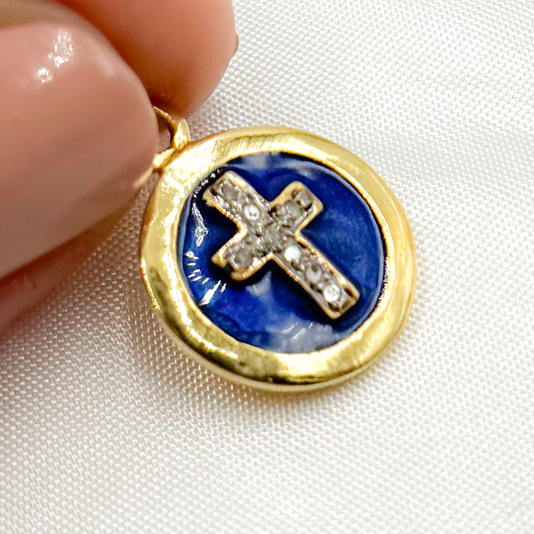 DC028A. Diamond Sterling Silver Round Cross Enamel Charm