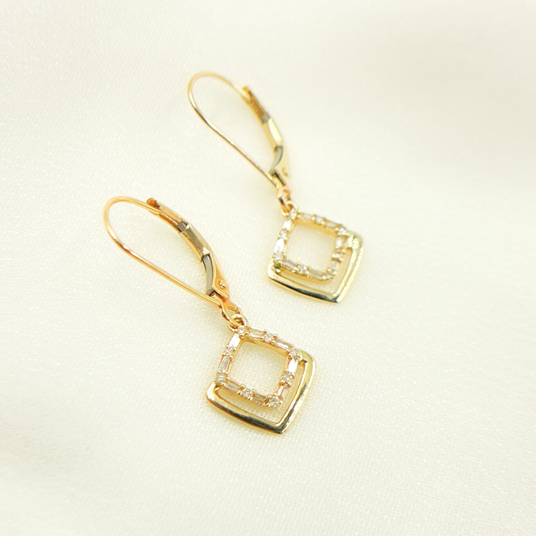 14K Solid Gold and Diamonds Rhomb Dangle Earrings. EFC51728