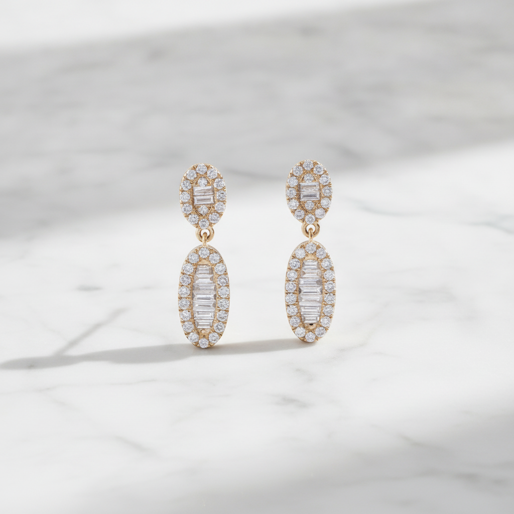 EFJ54504. 14K Solid Gold Diamond Baguette Dangle Stud Earrings