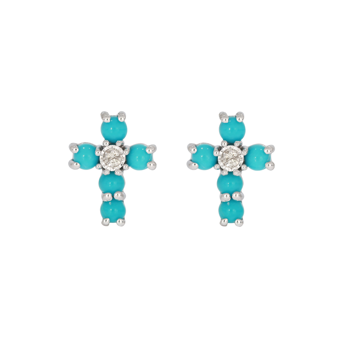 Solid Yellow Gold Turquoise and Diamond Stud Earrings