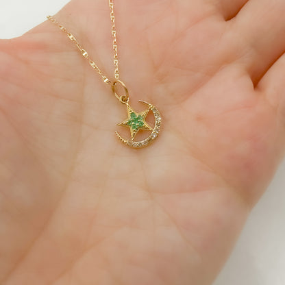 GDP403. 14k Solid Gold Diamond and Gemstone Moon and Star Charm