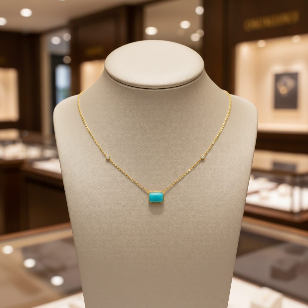 NT407401. 14K Solid Gold Rectangular Turquoise Fancy Tiny Necklace