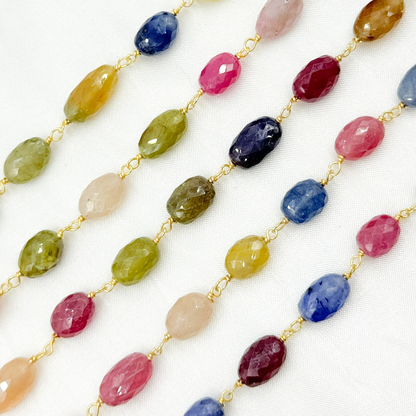 Multi Sapphire Rondel Faceted Gold Plated 925 Sterling Silver Wire Chain.
