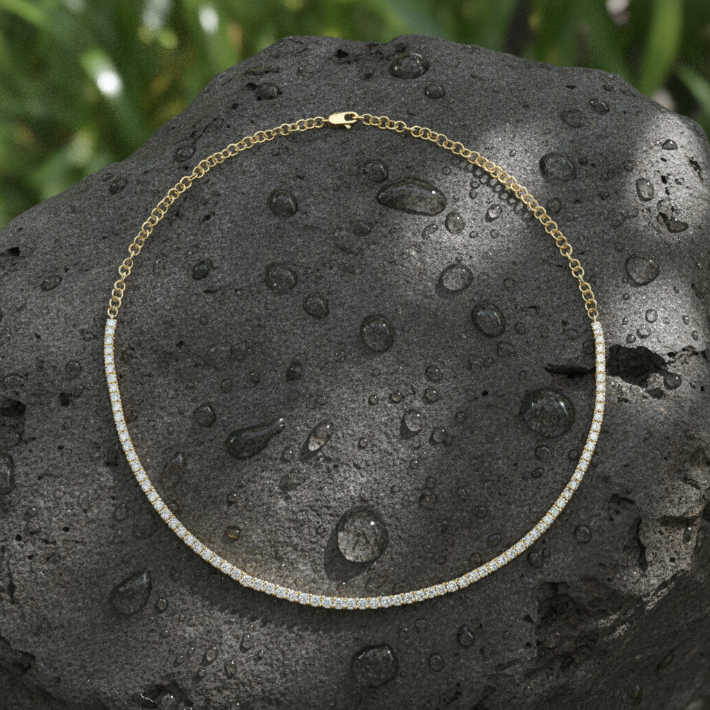 NFS71713. 14K Solid Gold Diamond Tennis Choker Necklace