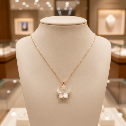 PFC32904PL. 14K Solid Gold Diamond Mother of Pearl Flower Necklace