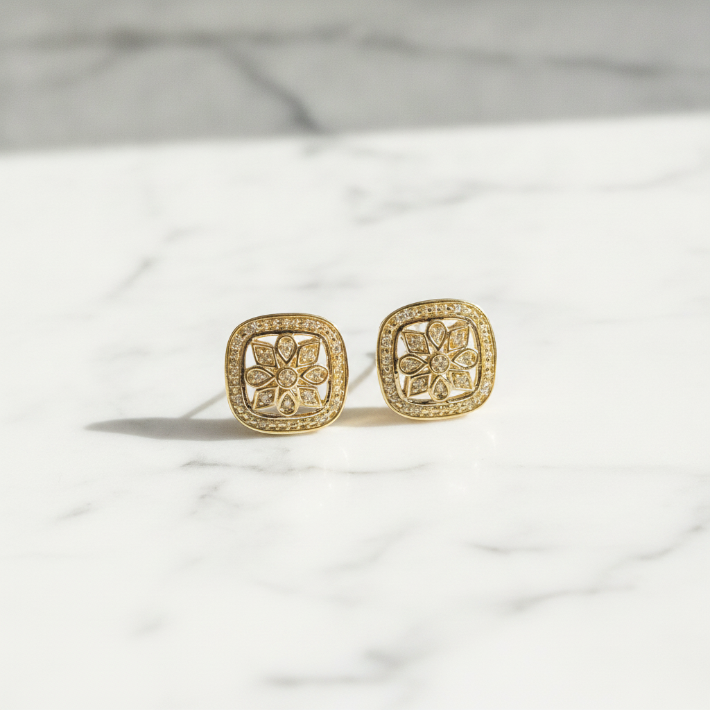 EFB50898. 14K Solid Gold and Diamonds Square Flower Earrings