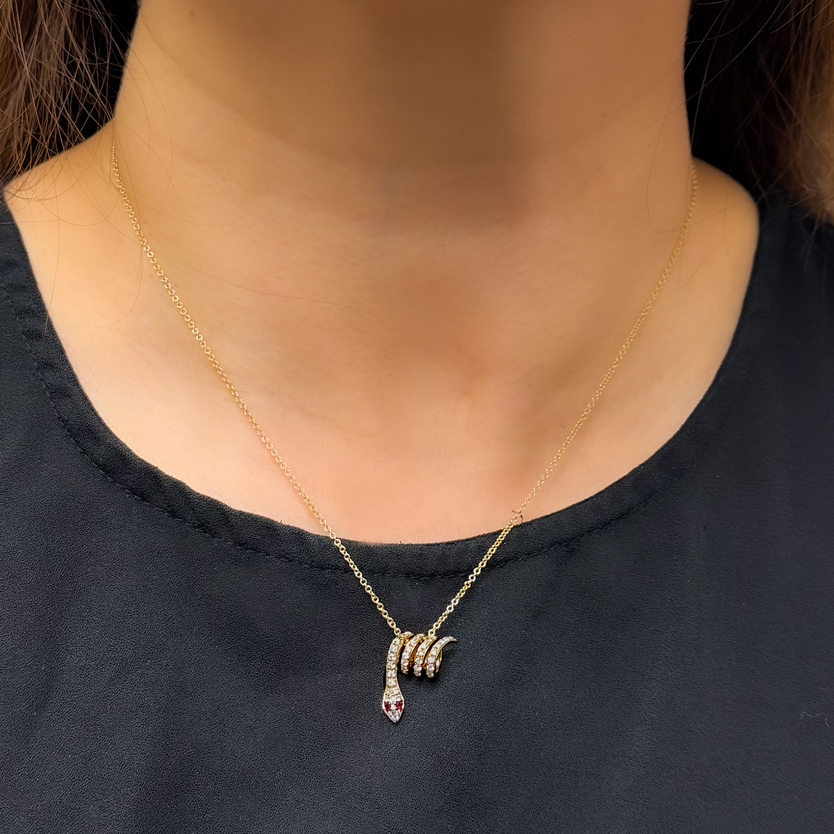 14k Solid Gold Diamond and Ruby Snake Necklace