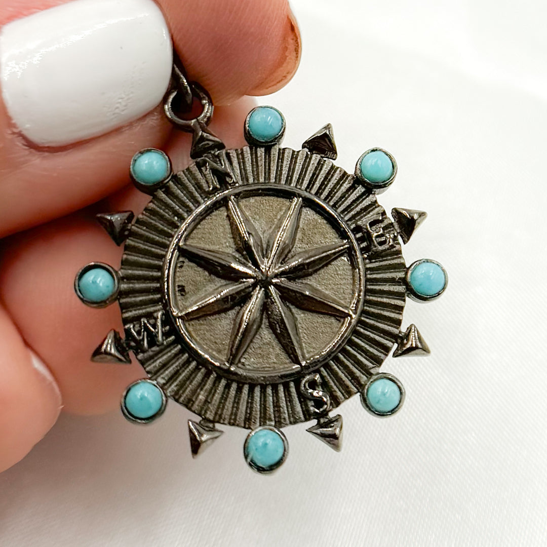 DP720. Diamond Sterling Silver Round Compass Pendant with Gemstone