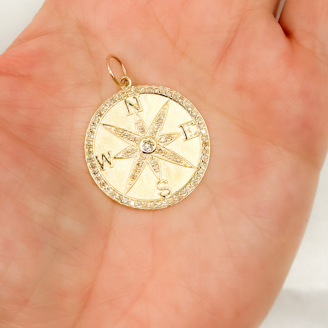 GDP107. 14K Solid Gold Diamond Round Compass Charm