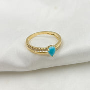 14K Solid Yellow Gold Diamond and Turquoise Double Line Drop Ring.