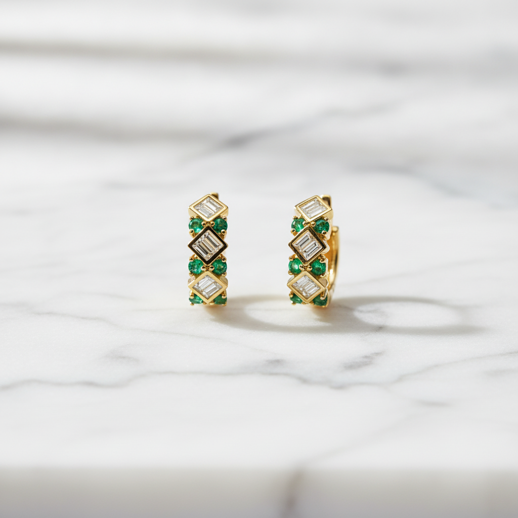 EHD57674EM. 18K Solid Gold Diamond and Emerald Earrings