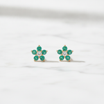 Load image into Gallery viewer, CE97507EM1.8. 14K Solid Gold Diamond and Emerald Flower Stud Earrings