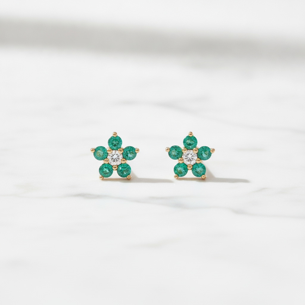 CE97507EM1.8. 14K Solid Gold Diamond and Emerald Flower Stud Earrings