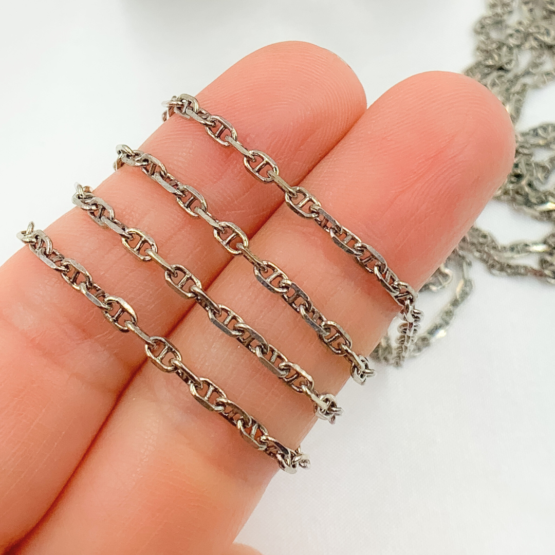 Y70OX. Oxidized 925 Sterling Silver Diamond Cut Marina Link Chain