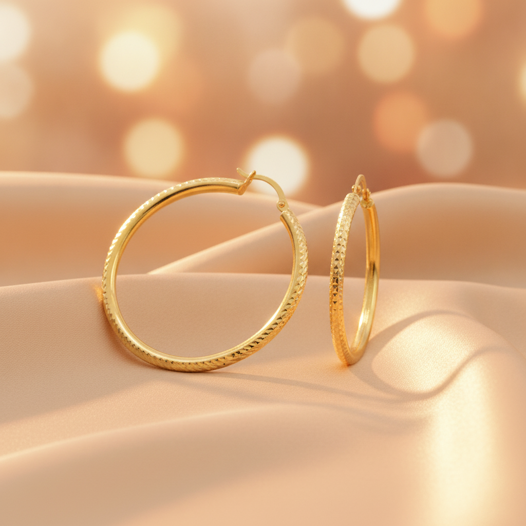 GER58. 14K Gold Hoop Earrings with Engraved Tornado Design