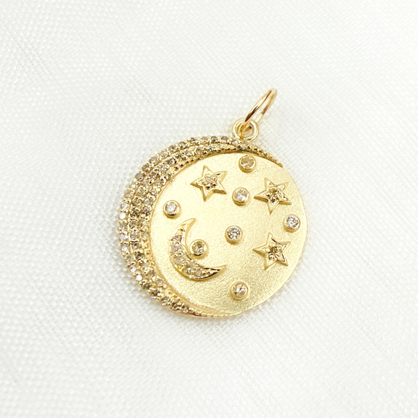 14K Solid Gold Diamond Round Moon and Stars Charm