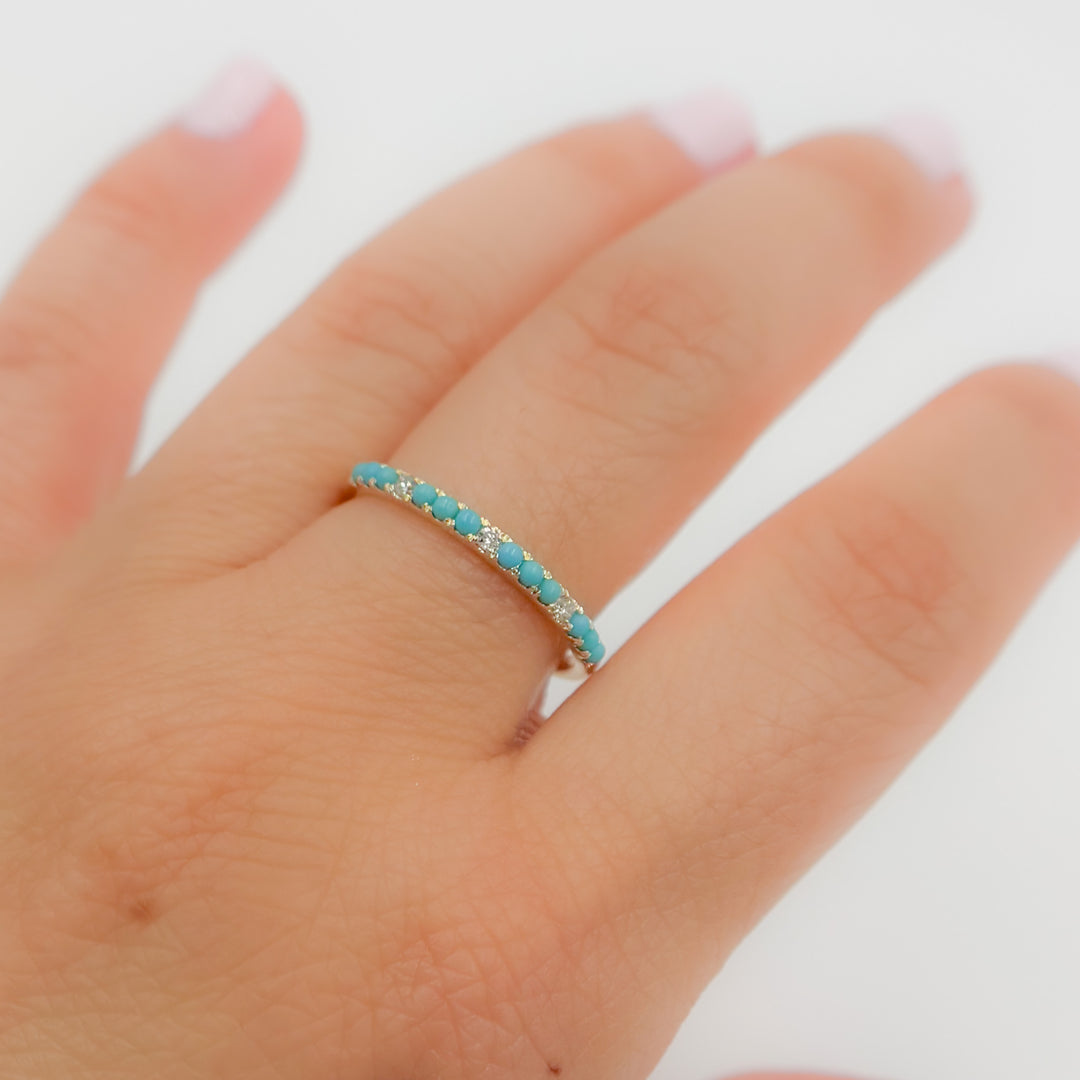 14K Solid Gold Diamond and Turquoise Band Ring
