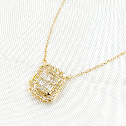 NFF71502. 14k Solid Gold Diamond Rectangle Baguette Necklace