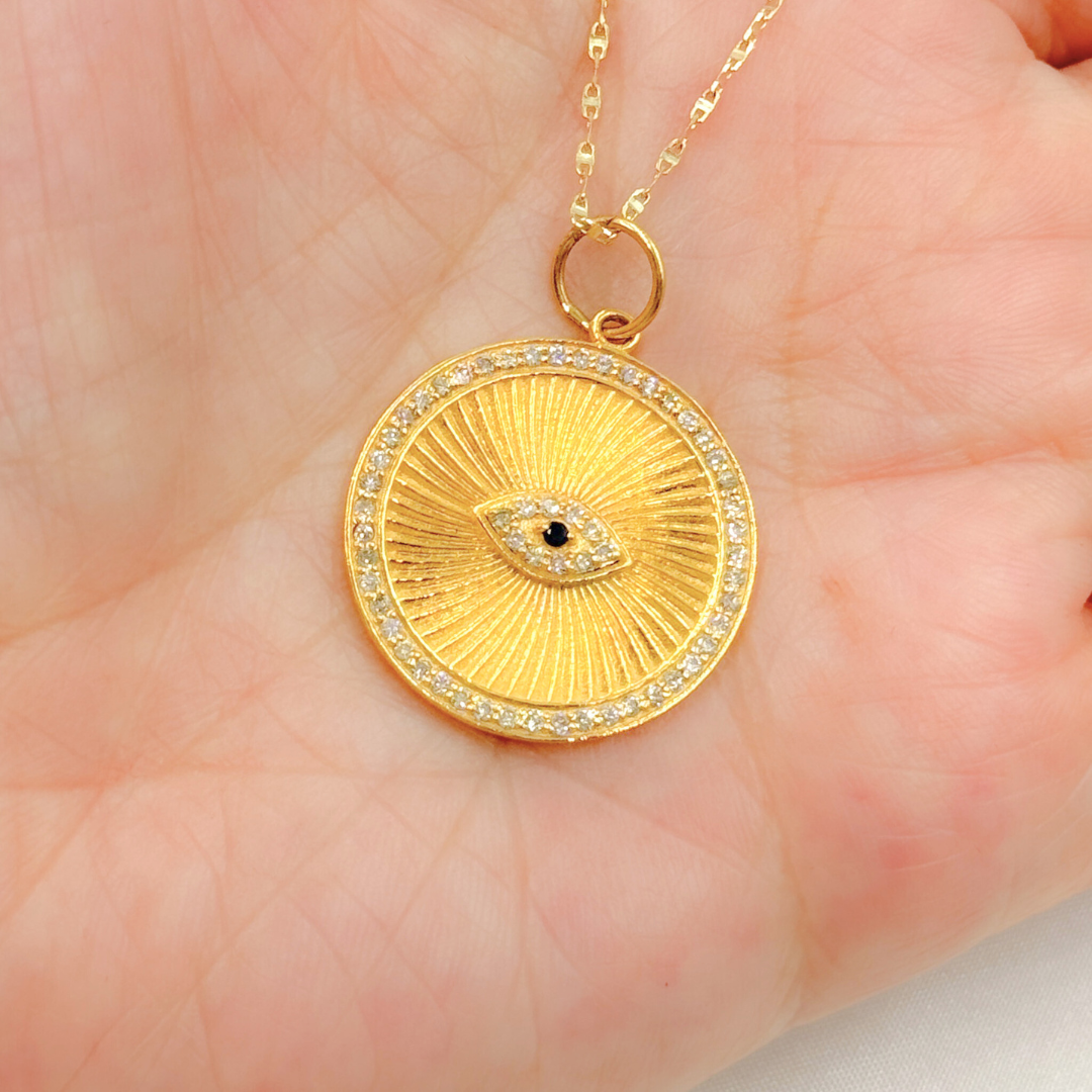 GDP307. 14K Solid Gold Circle with Evil Eye in the Center in Diamond and Gemstones