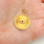 Load image into Gallery viewer, 14K Solid Gold Circle with Evil Eye in the Center in Diamond and Gemstones. GDP307
