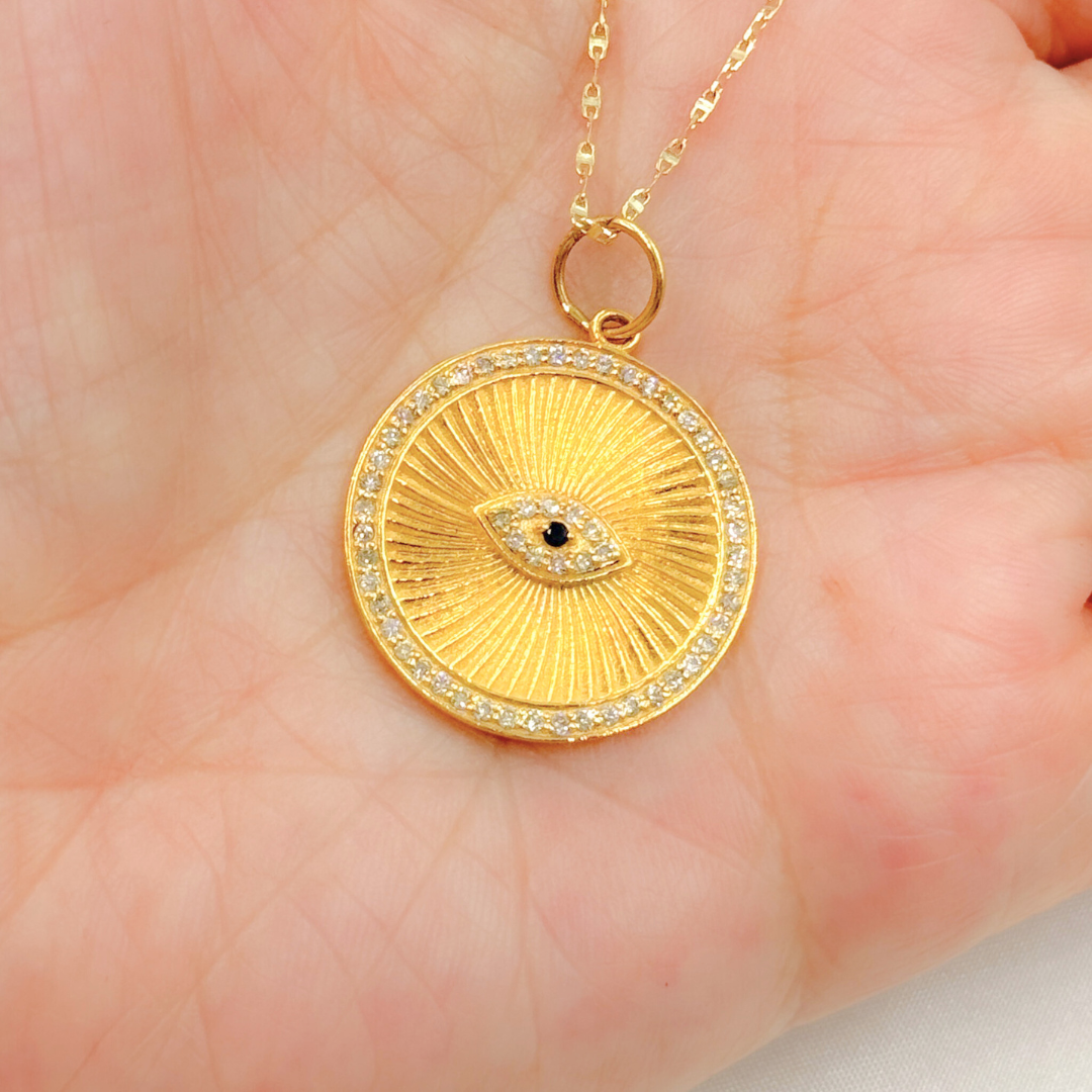 14K Solid Gold Circle with Evil Eye in the Center in Diamond and Gemstones. GDP307