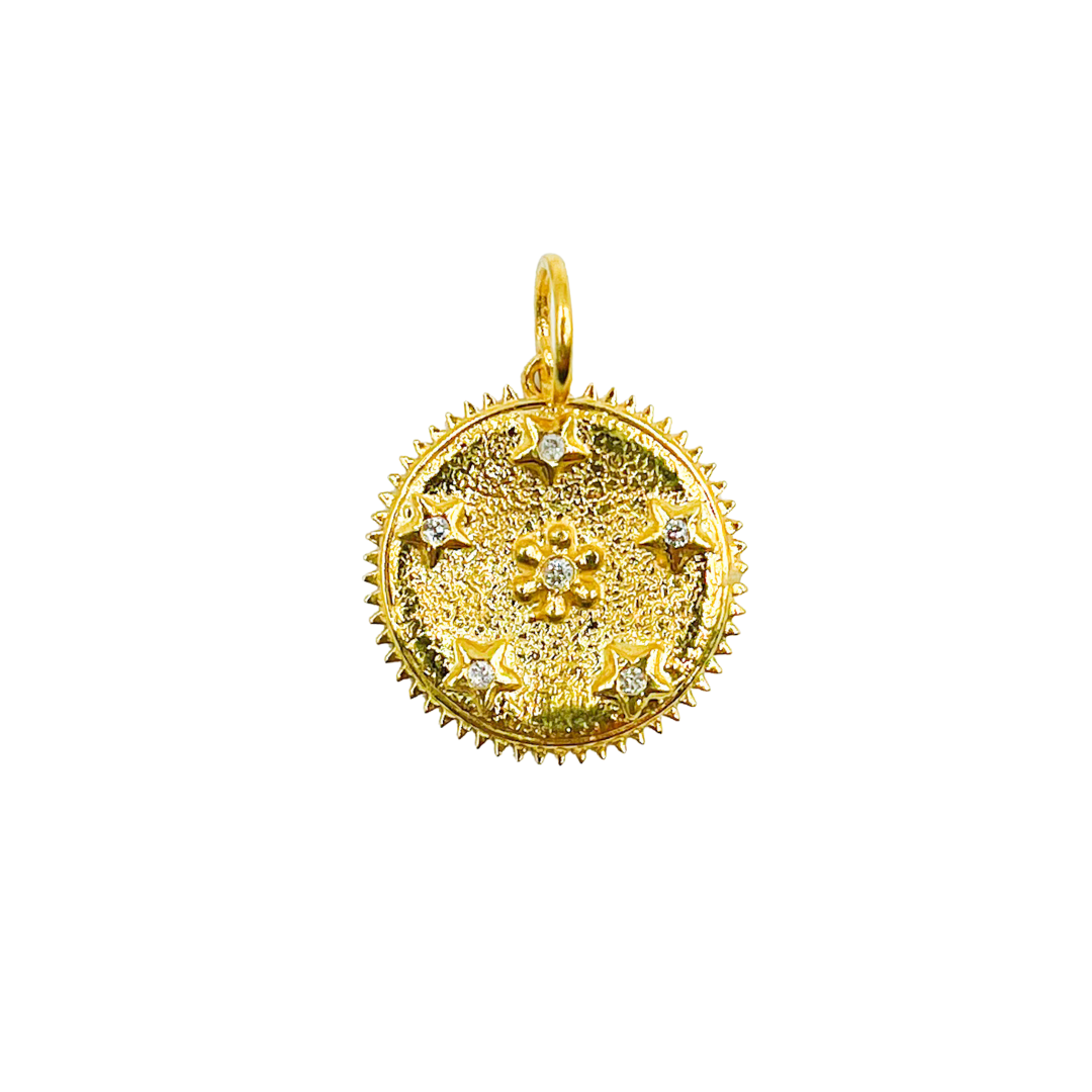 14K Solid Gold with Diamonds Circle Shape with Flowers & Stars Charm. KG26