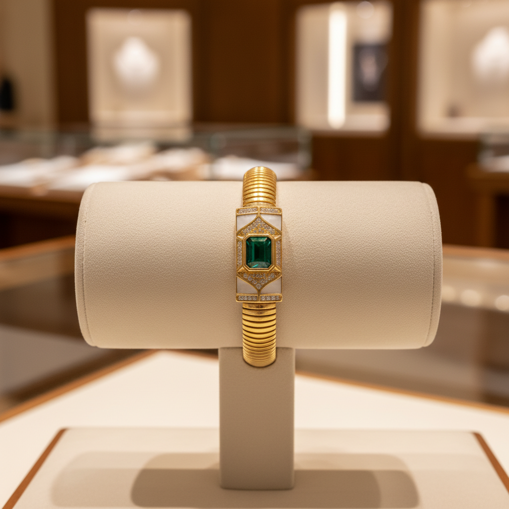CB97170EM8X6. 14k Solid Gold Diamond, Emerald, and Mother of Pearl Fancy Bracelet