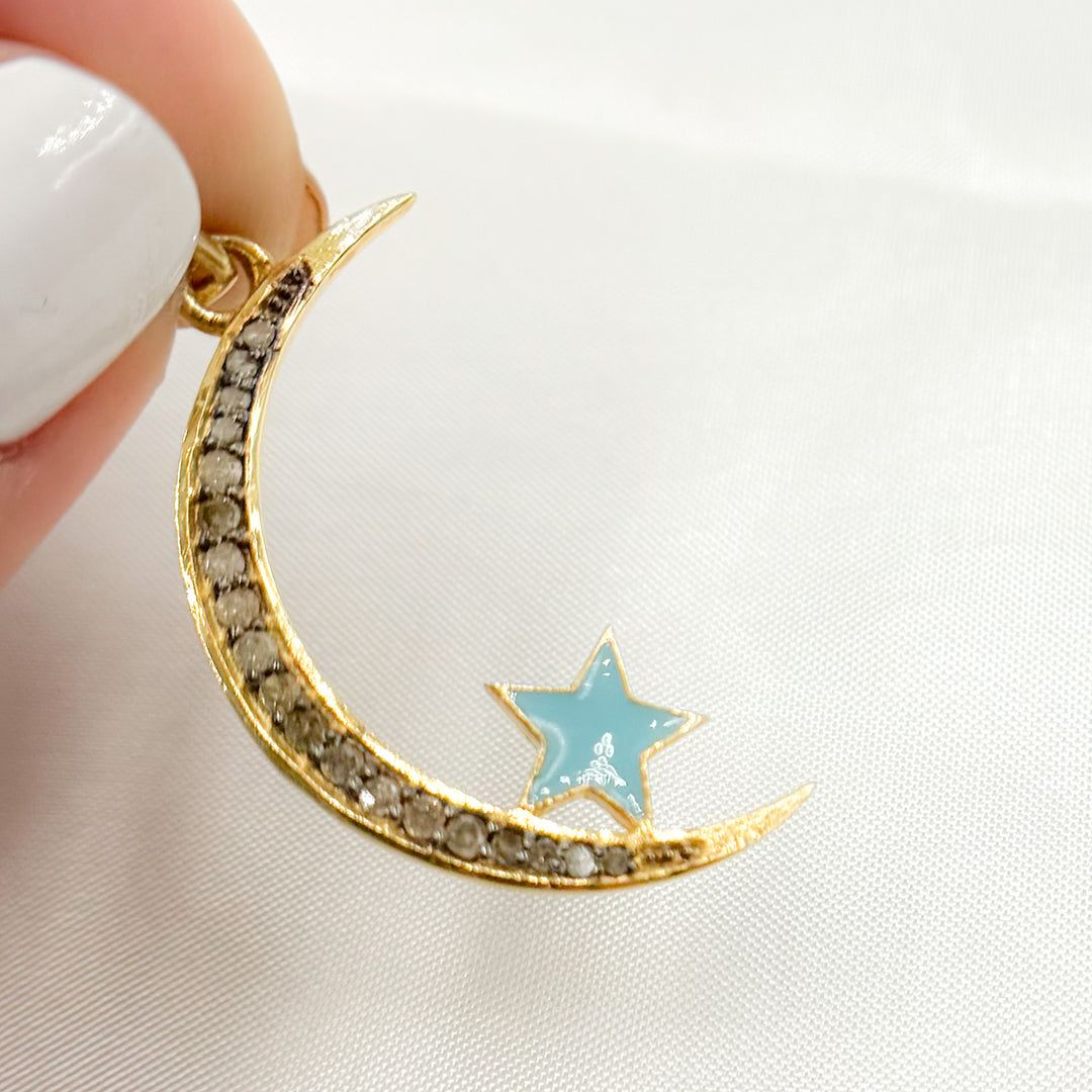 DP498A. Diamond Sterling Silver Moon and Star Enamel Pendant