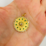 Load image into Gallery viewer, 14K Solid Gold Diamond and Emerald Sun Circle Charm. GDP325
